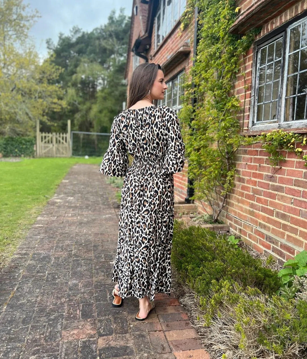Animal Print Shirred Waist Midaxi Dress