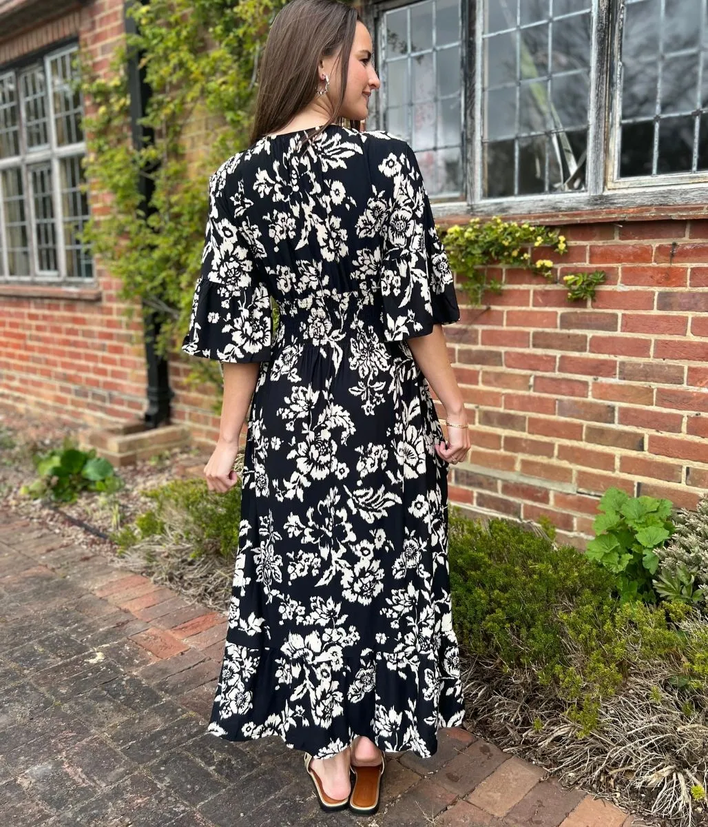Black Print Shirred Waist Midaxi Dress