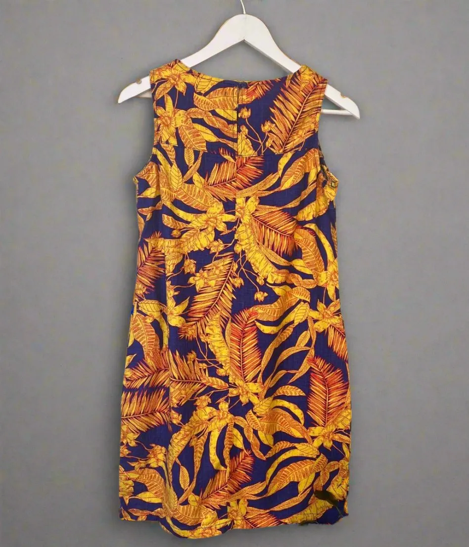 Blue & Yellow Leaf Print Linen Blend Dress 6