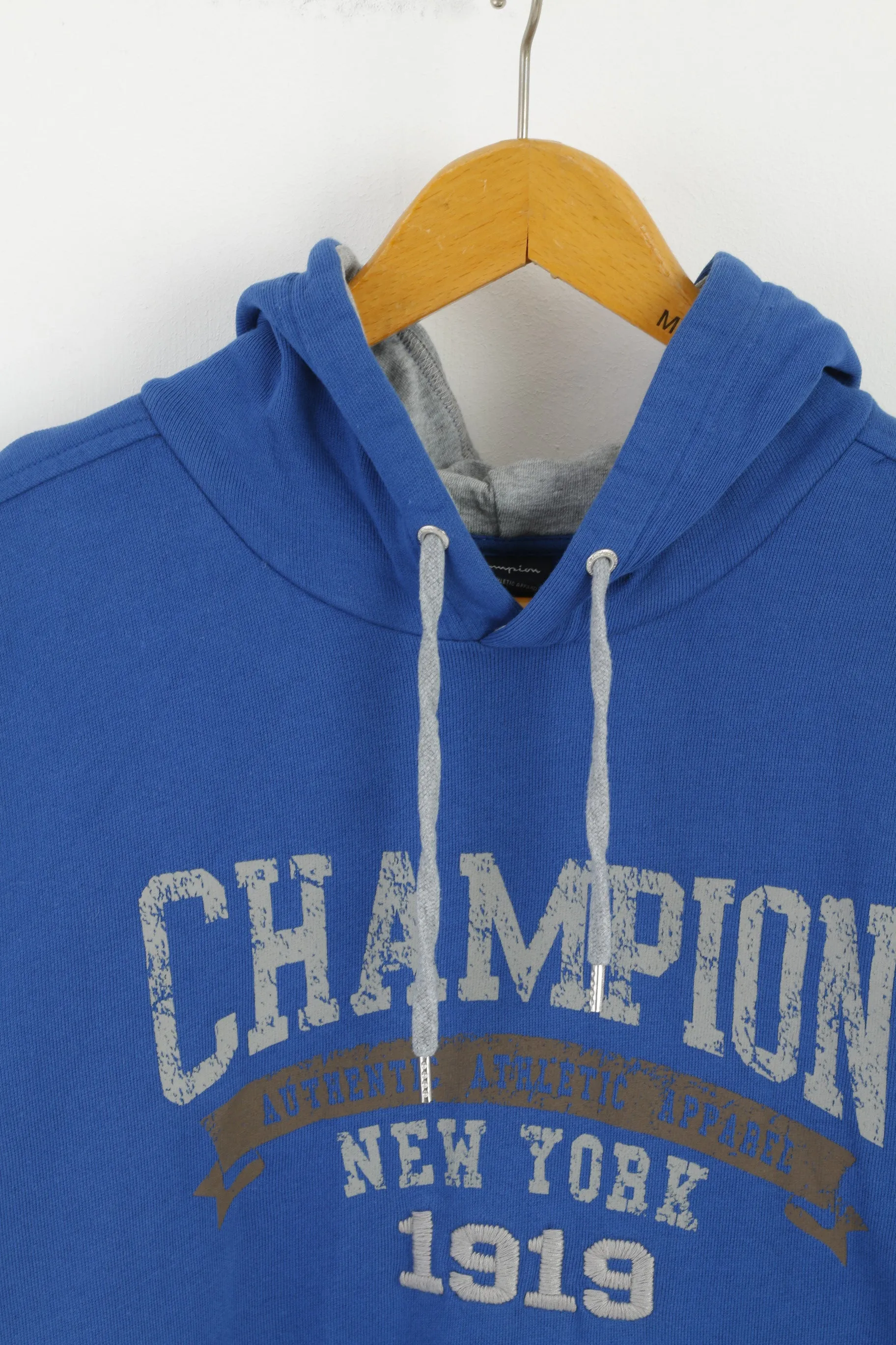 Champion Men M (S) Sweatshirt Blue Hoodie Graphic Cotton Kangaroo Pocket