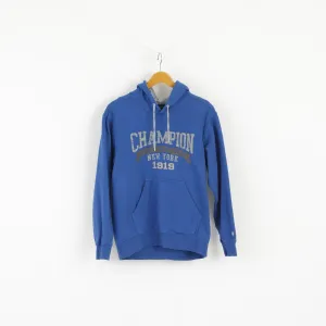 Champion Men M (S) Sweatshirt Blue Hoodie Graphic Cotton Kangaroo Pocket
