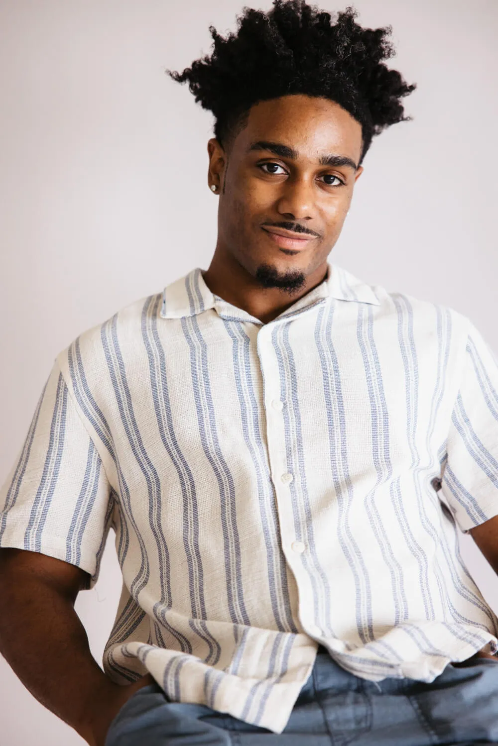 Denim & Flower Textured Striped Button Up Shirt for Men in Blue/Off White | KWS-B536