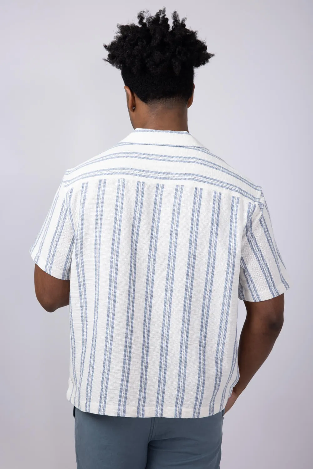 Denim & Flower Textured Striped Button Up Shirt for Men in Blue/Off White | KWS-B536