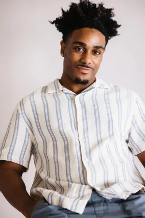 Denim & Flower Textured Striped Button Up Shirt for Men in Blue/Off White | KWS-B536