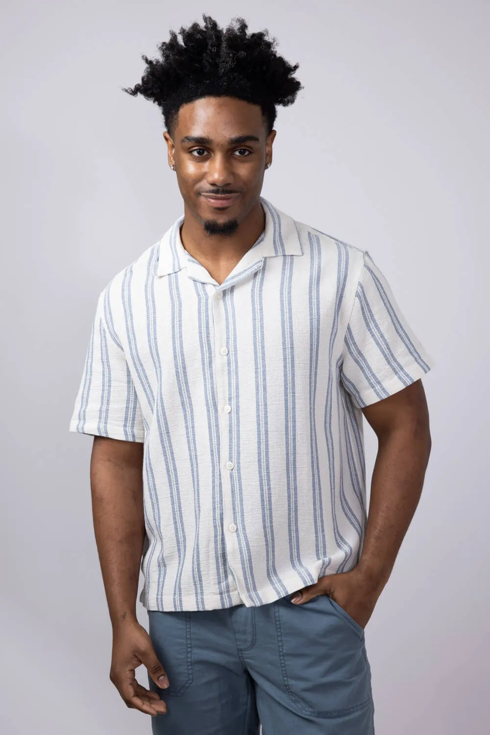 Denim & Flower Textured Striped Button Up Shirt for Men in Blue/Off White | KWS-B536