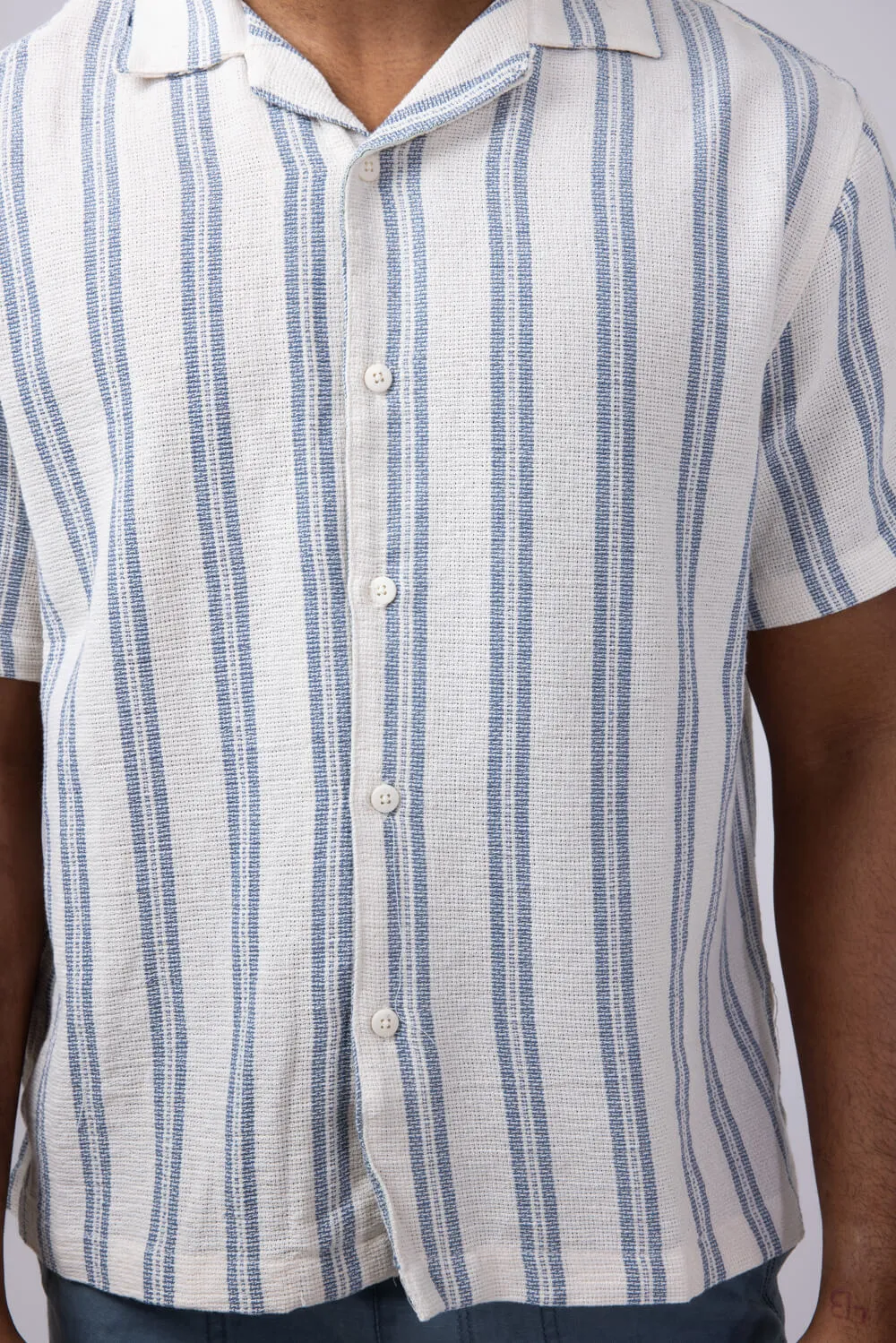 Denim & Flower Textured Striped Button Up Shirt for Men in Blue/Off White | KWS-B536
