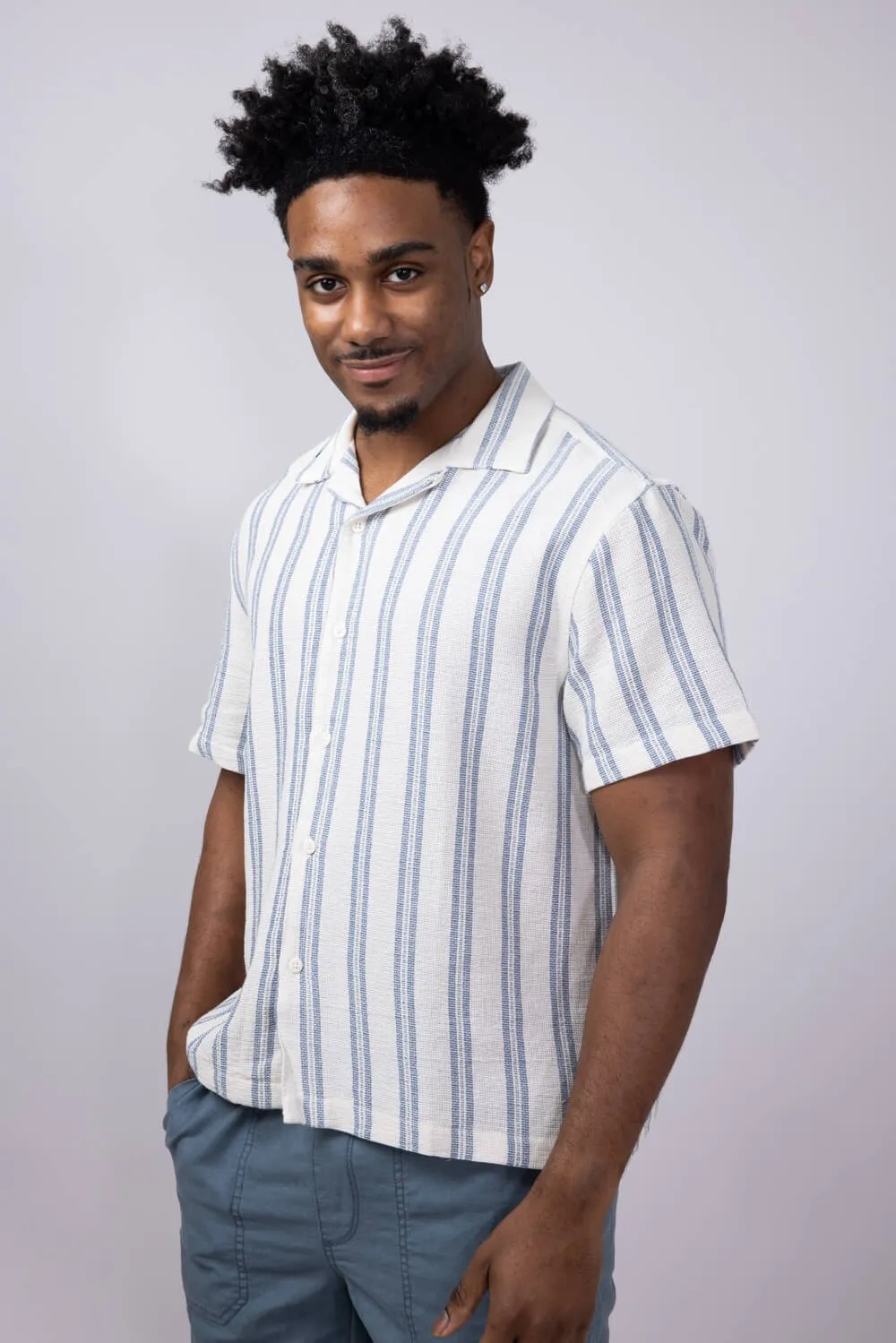 Denim & Flower Textured Striped Button Up Shirt for Men in Blue/Off White | KWS-B536