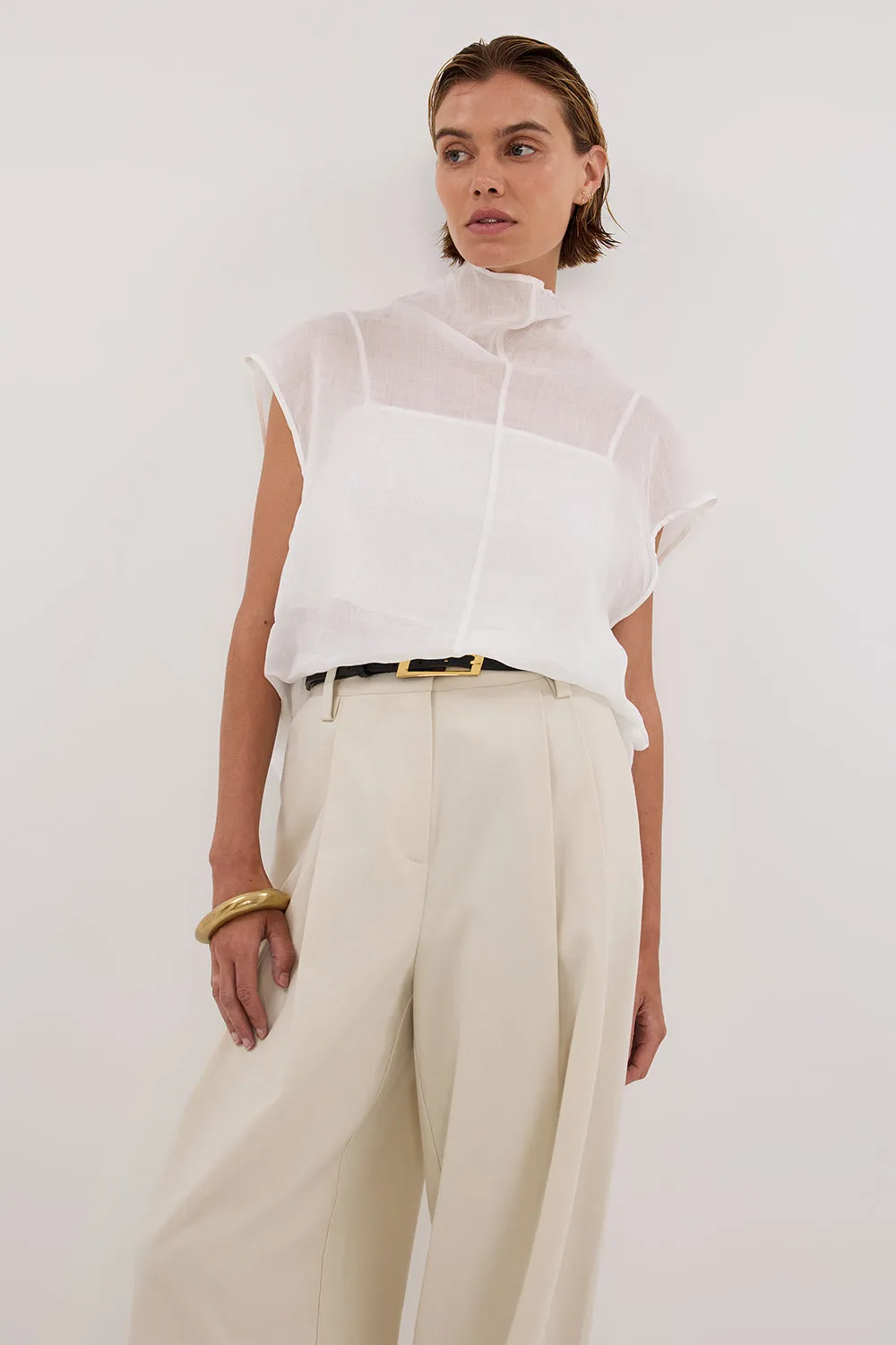 Dissh CARMEL WHITE RAMIE FUNNEL NECK TOP