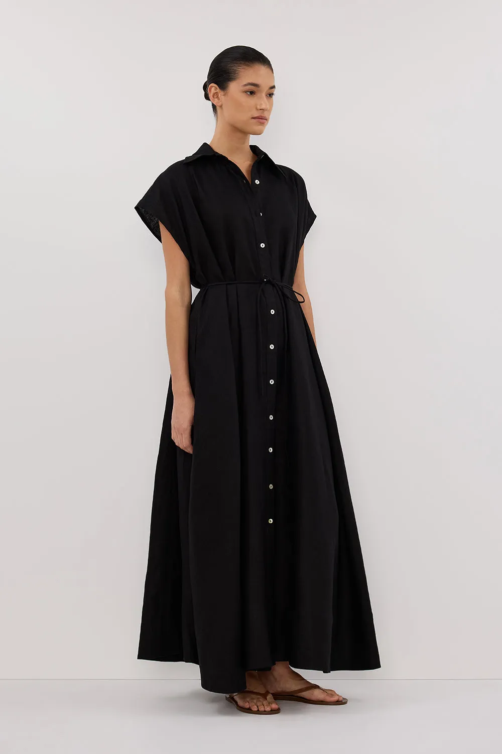 Dissh LANA BLACK LINEN MIDI SHIRT DRESS
