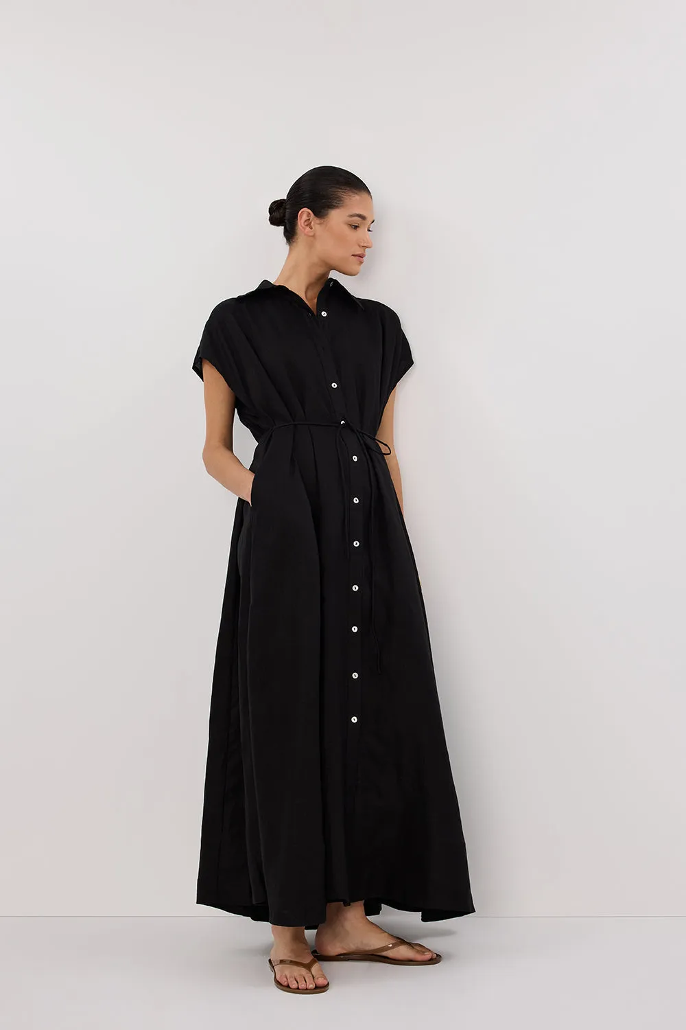 Dissh LANA BLACK LINEN MIDI SHIRT DRESS
