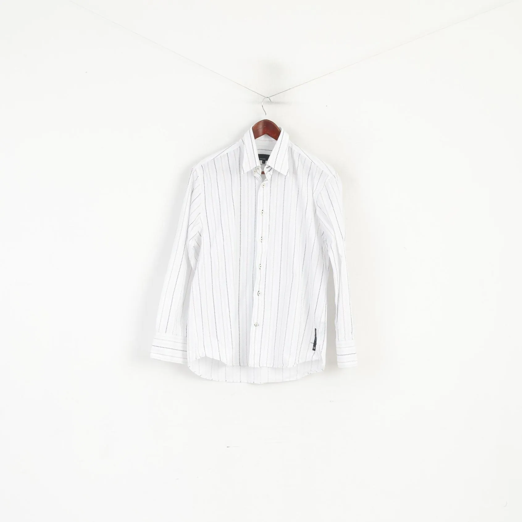Duck and Cover Men L Casual Shirt White Striped Cotton Long Sleeve Top