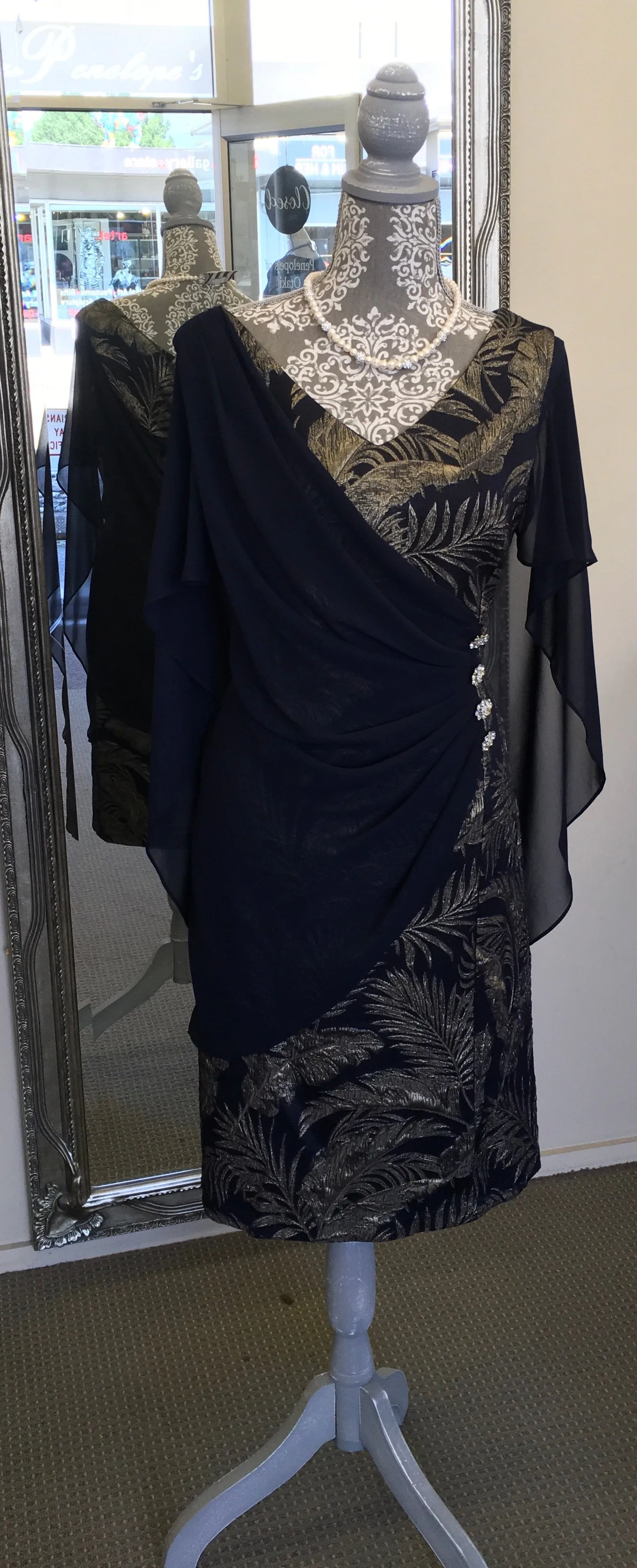 Frank Lyman - Draped Jacquard Dress - 238249 - Navy/Gold