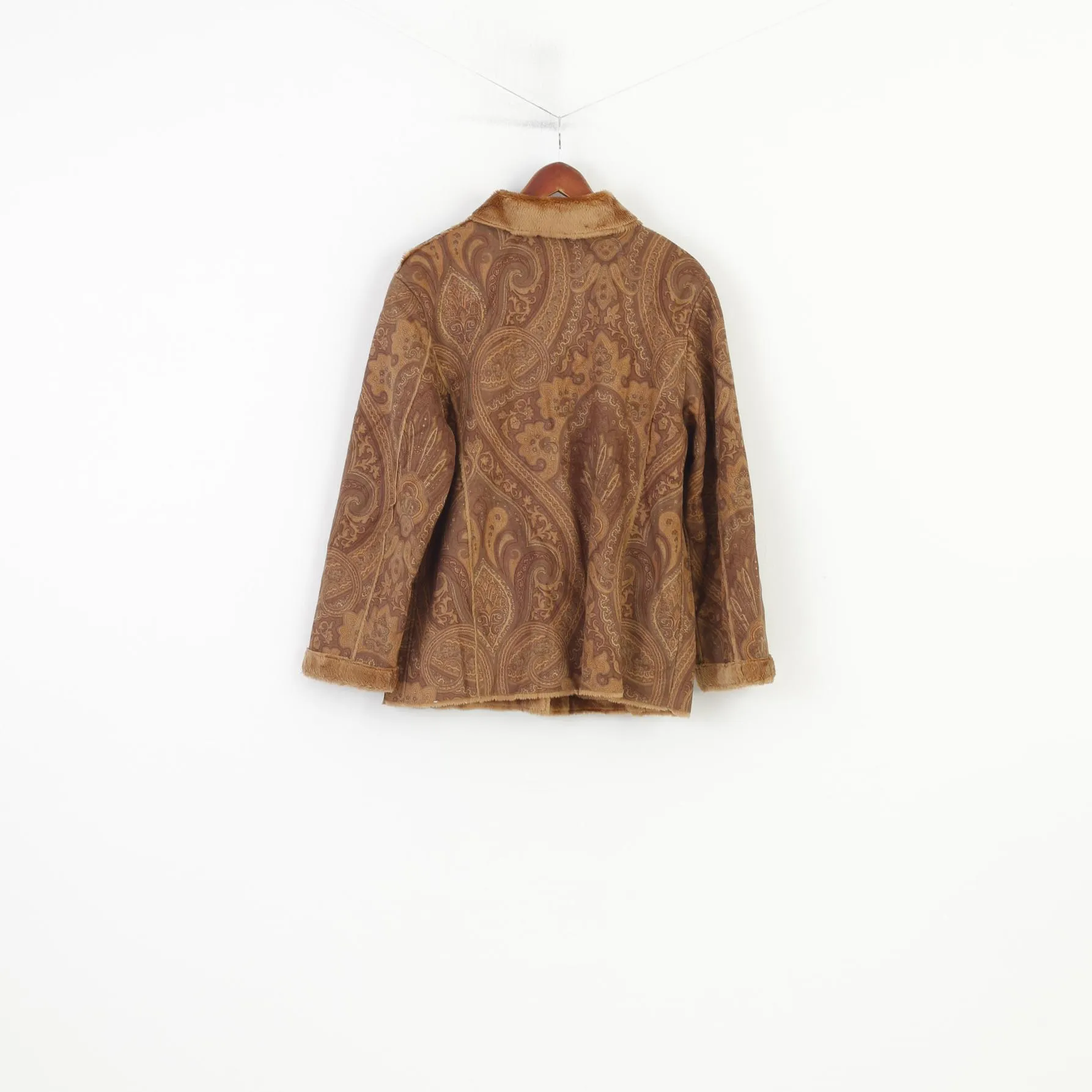Gelco Women 16 44 XL Jacket Brown Boho Single Breasted Fur Collar Warm  Abstract Print  Vintage Top