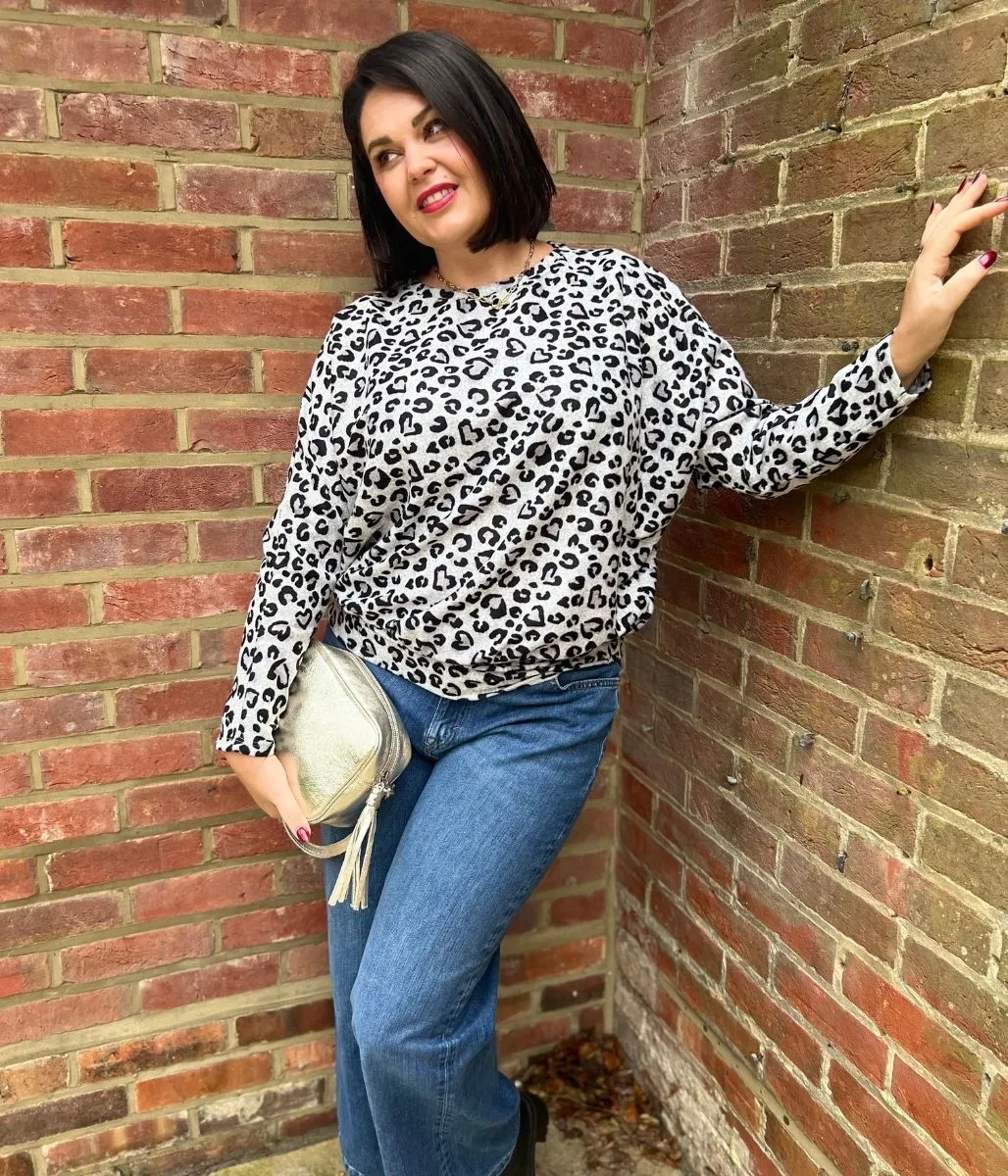 Grey Leopard Print Batwing Top