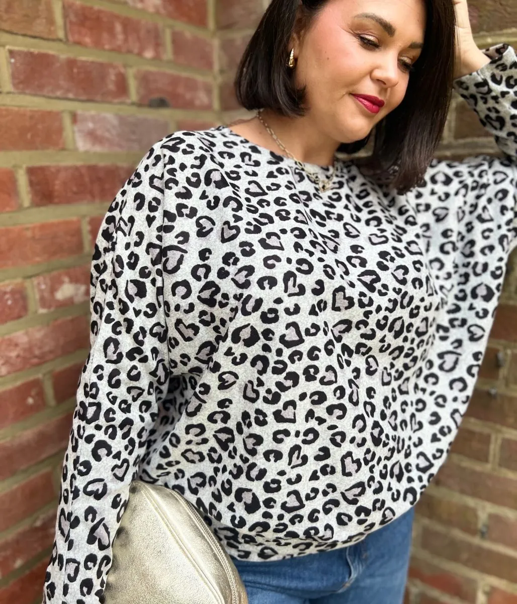 Grey Leopard Print Batwing Top