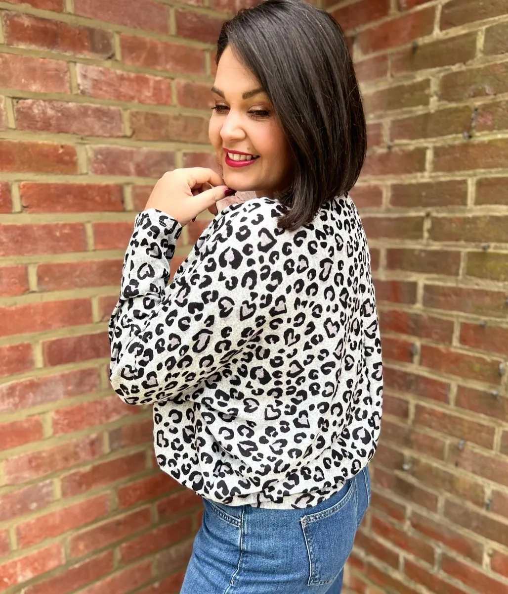 Grey Leopard Print Batwing Top