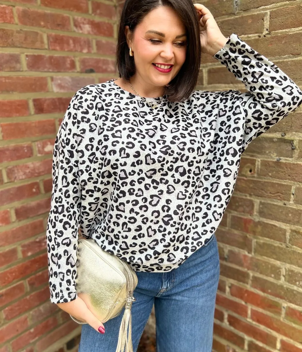 Grey Leopard Print Batwing Top