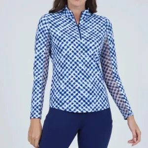 IBKUL Gingham L/S Mock - Blue/White