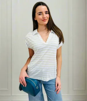 Ivory Linen Blend Striped Relaxed Collar Top