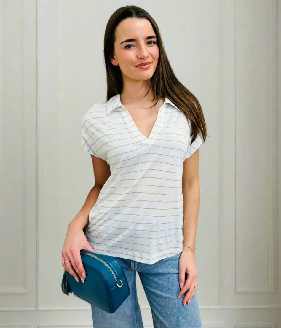 Ivory Linen Blend Striped Relaxed Collar Top