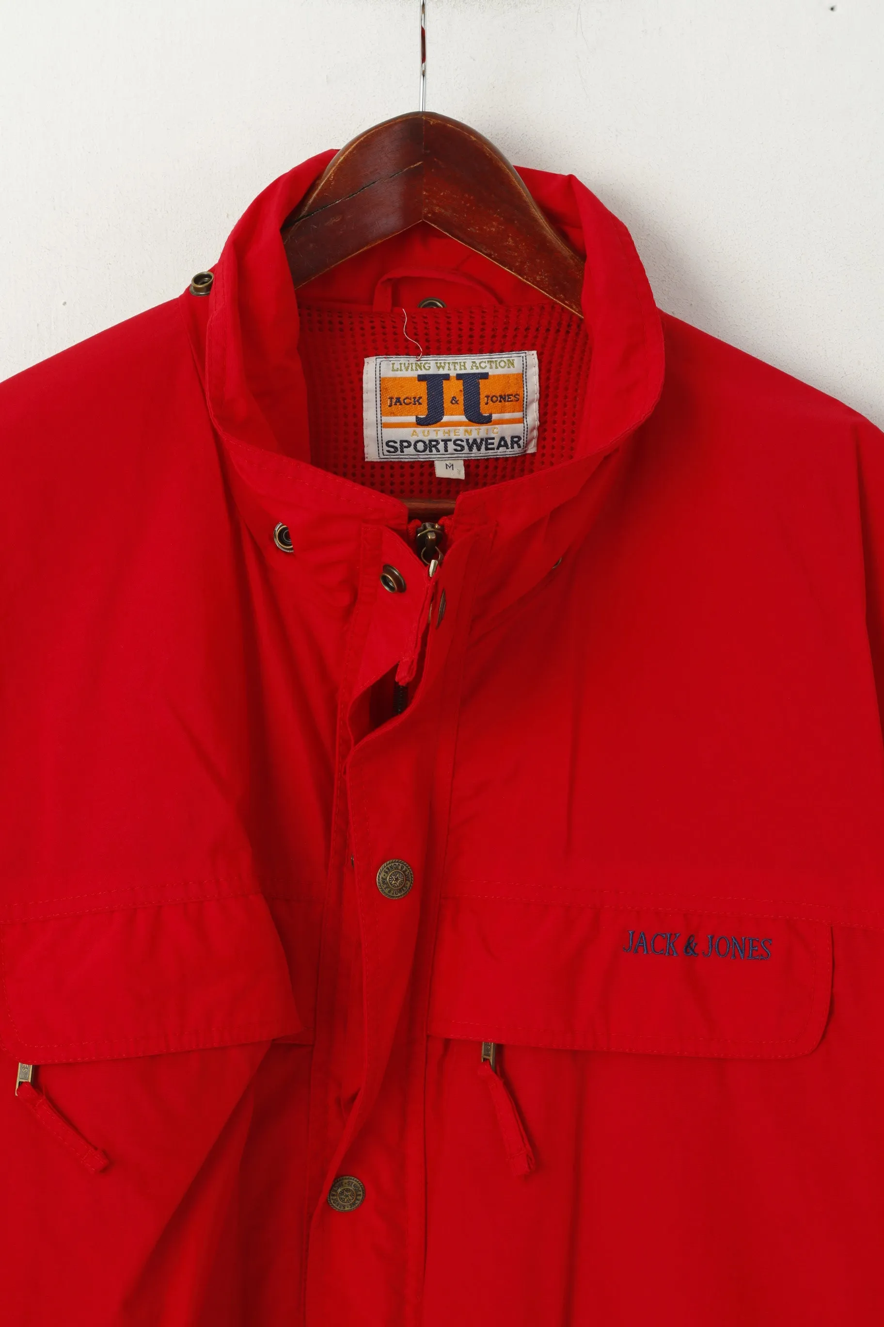 Jack & Jones Men M Jacket Red Nylon Lightweight Sportswear Retro Outdoor Top