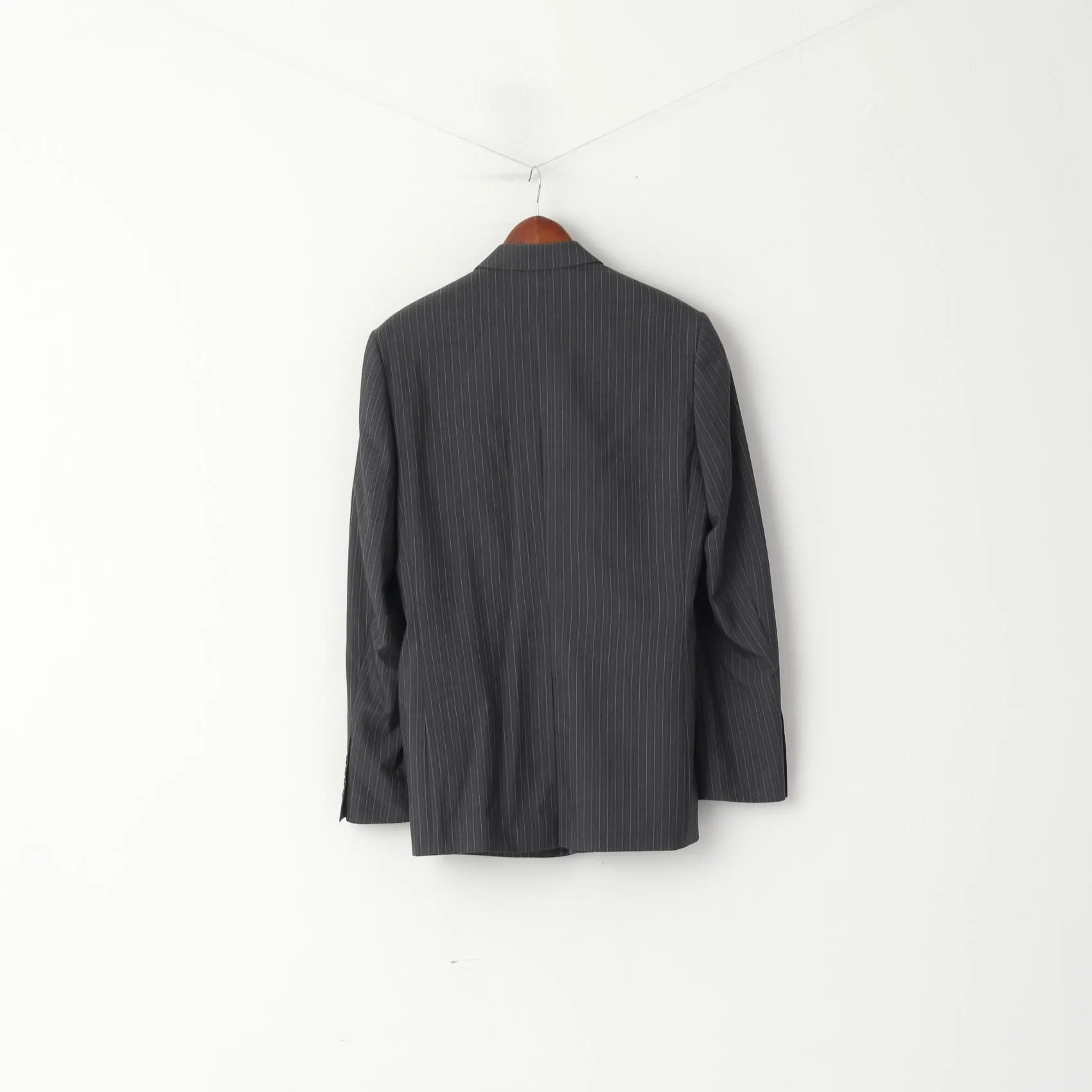 Jaeger Men 40 50 Blazer Graphite Wool Striped Single Breasted Jacket