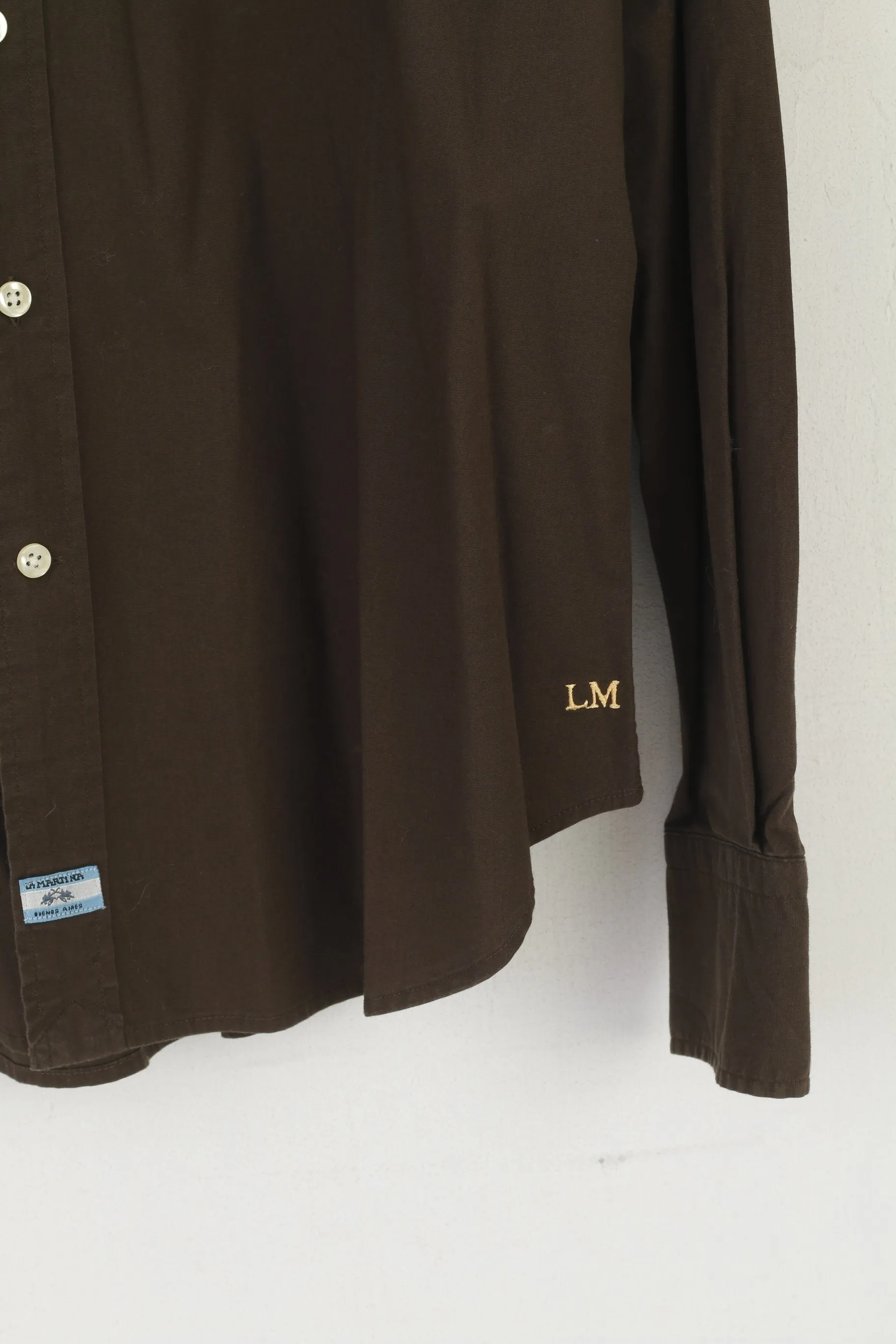 La Martina Men L Casual Shirt Brown Cotton Polo Argentino Long Sleeve Top