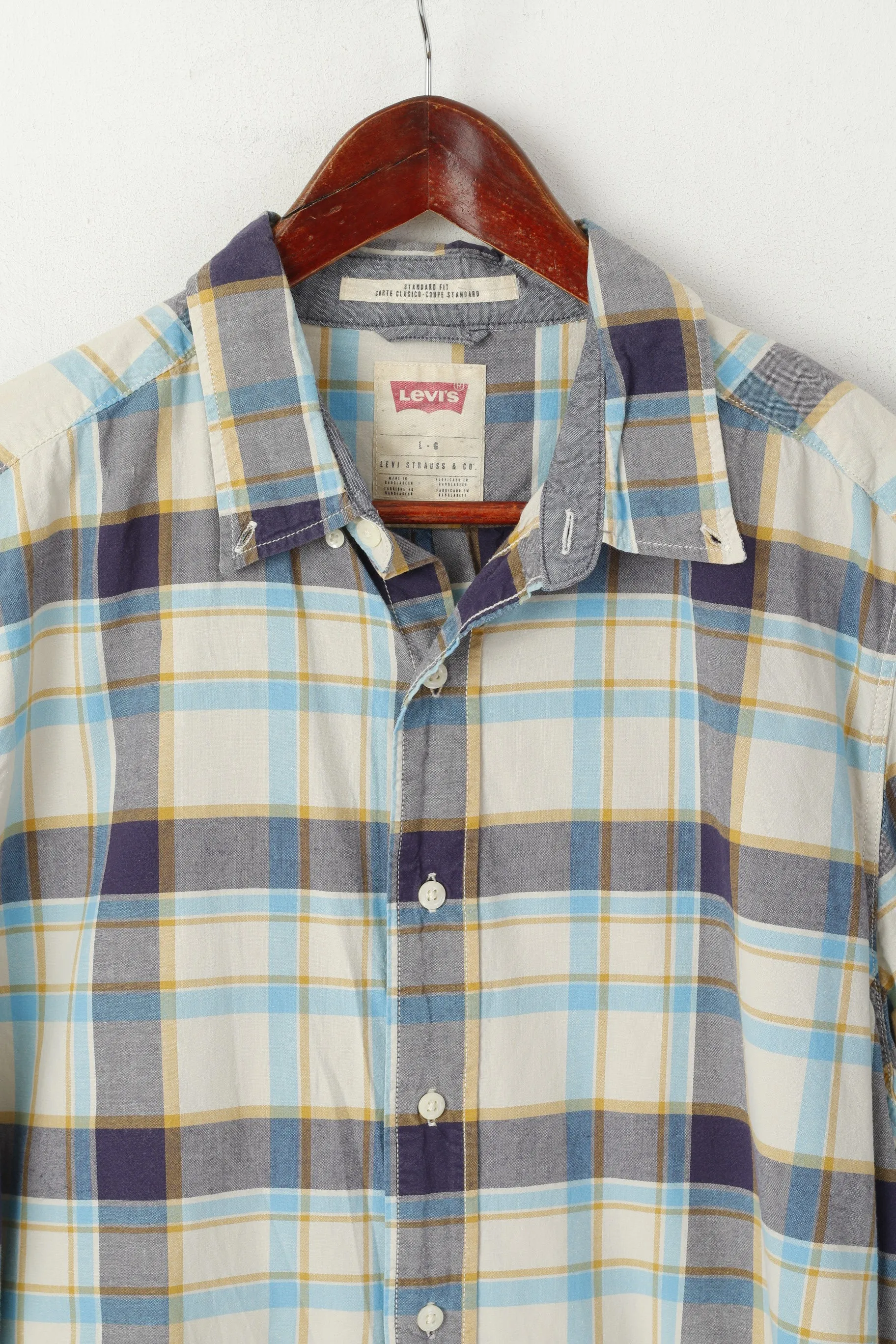 Levi's Men L Casual Shirt Blue Check Standrad Fit Long Sleeve Vintage Top