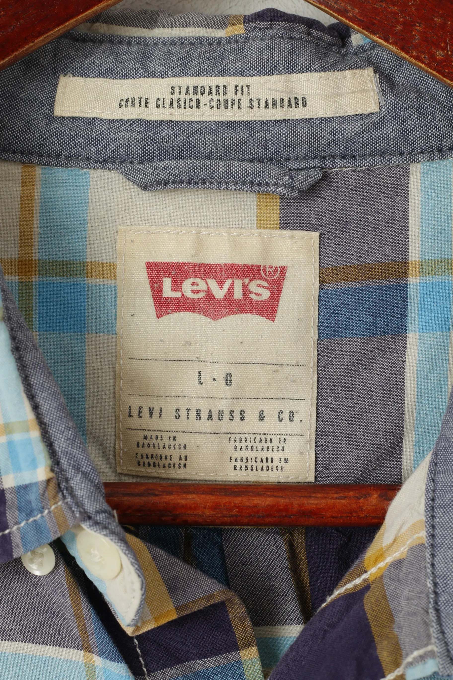 Levi's Men L Casual Shirt Blue Check Standrad Fit Long Sleeve Vintage Top