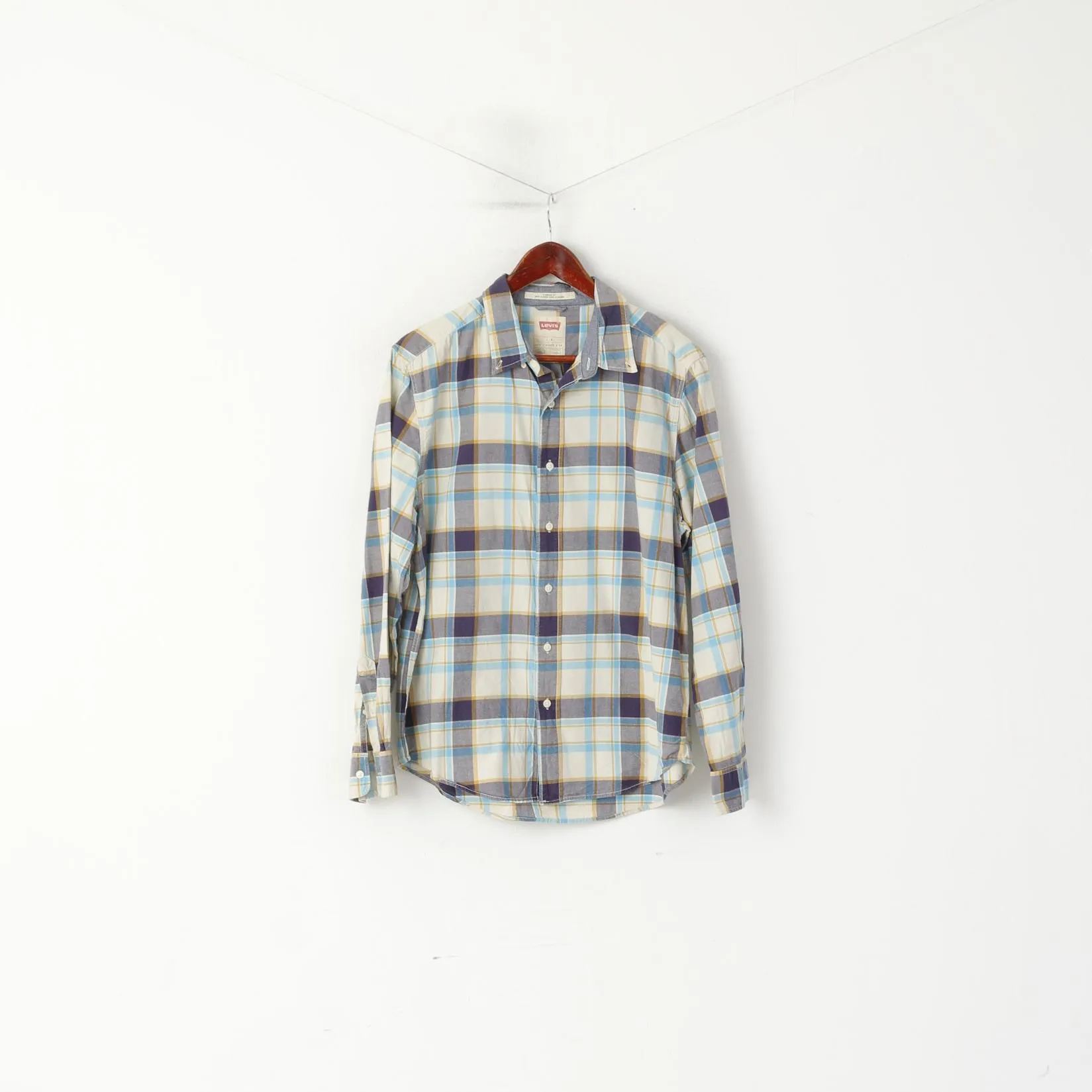 Levi's Men L Casual Shirt Blue Check Standrad Fit Long Sleeve Vintage Top