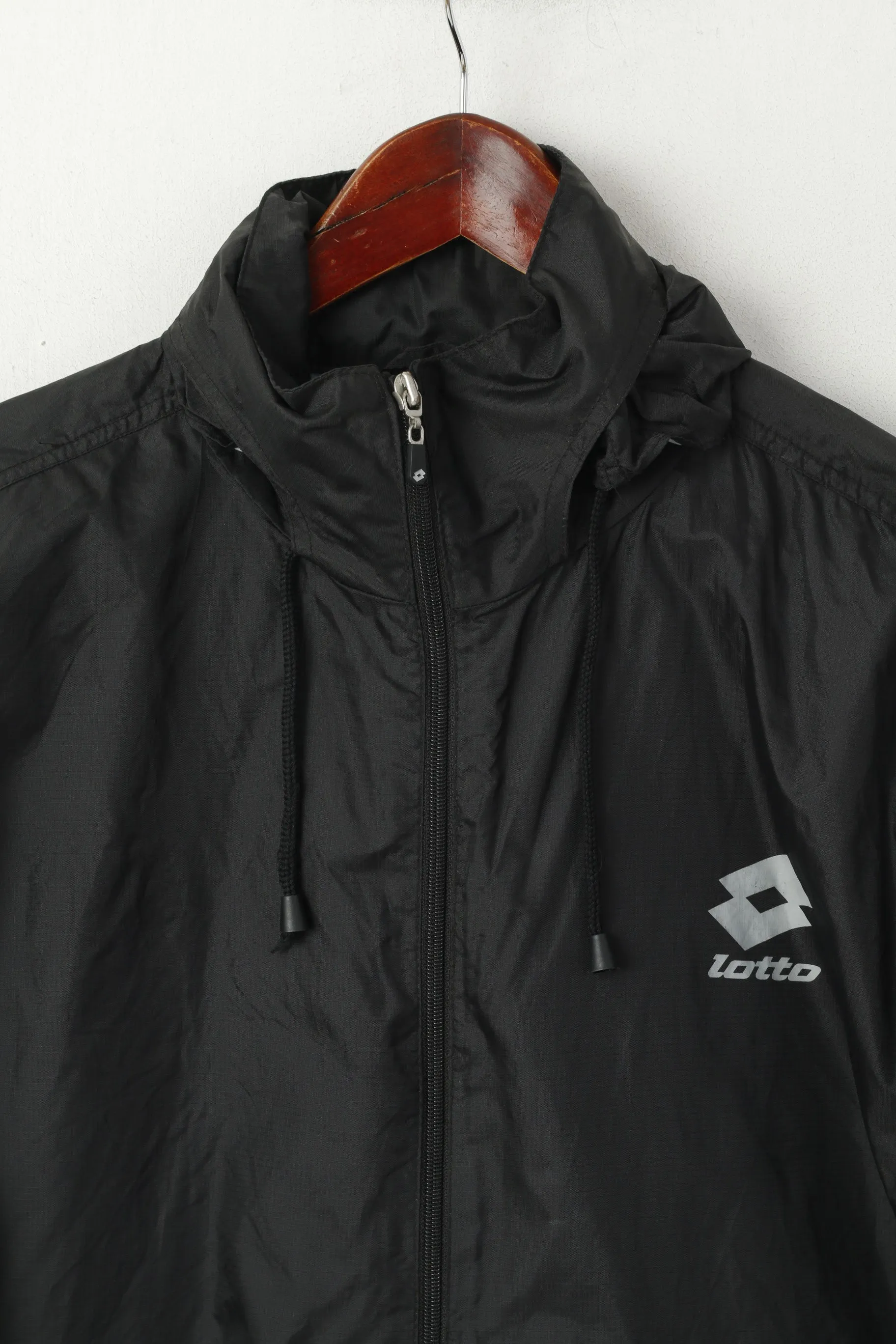 Lotto Men S Jacket Black Nylon Waterproof Sportswear Hidden Hood Top
