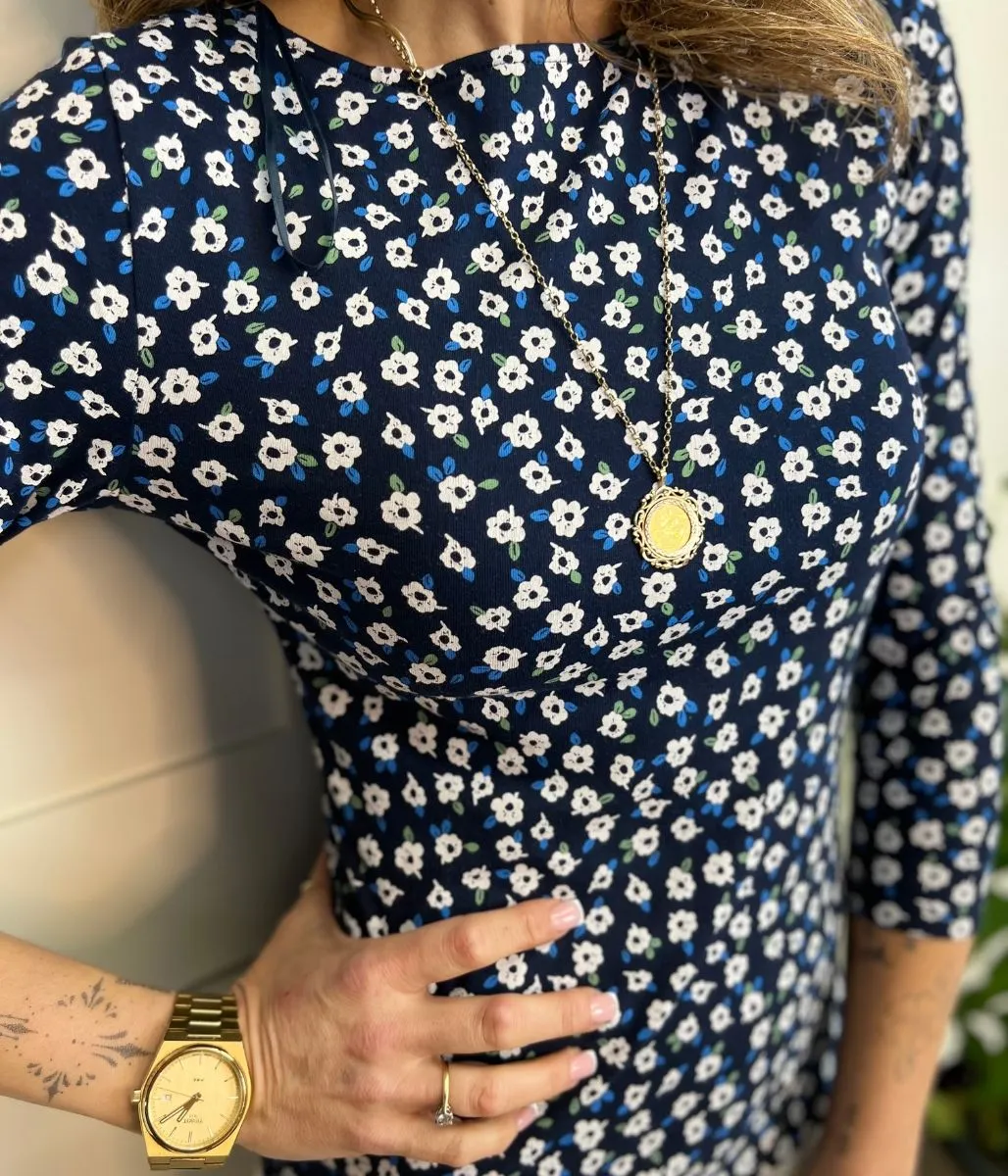 Navy Flower Print 3/4 Sleeve Jersey Top