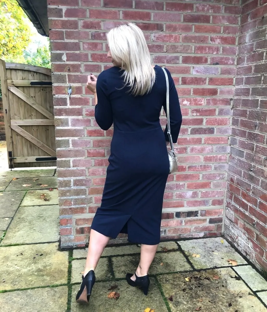 Navy Ottoman Ribbed V Neck Dress