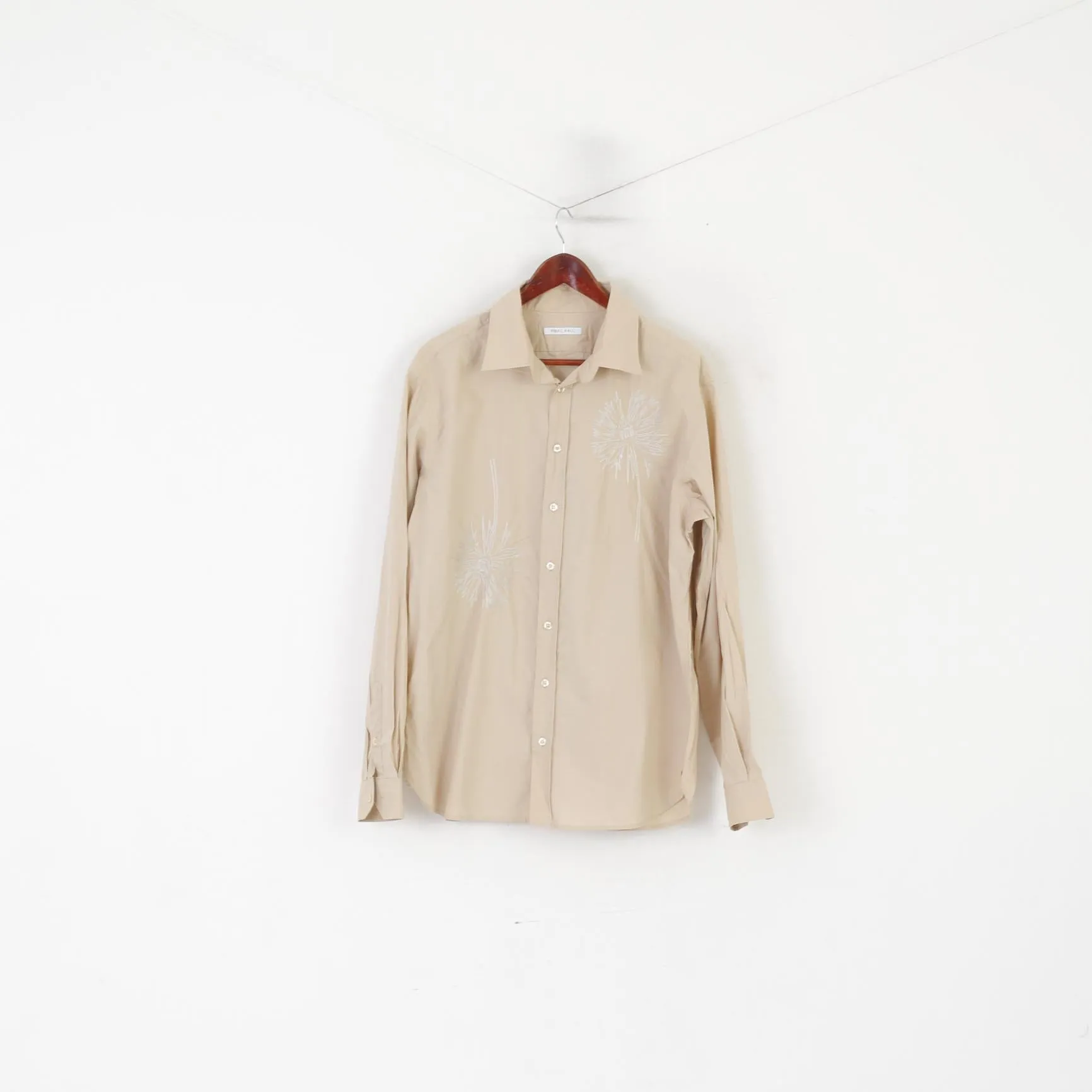 Nigel Hall Men XL Casual Shirt Beige Cotton Emroidered Long Sleeve Top
