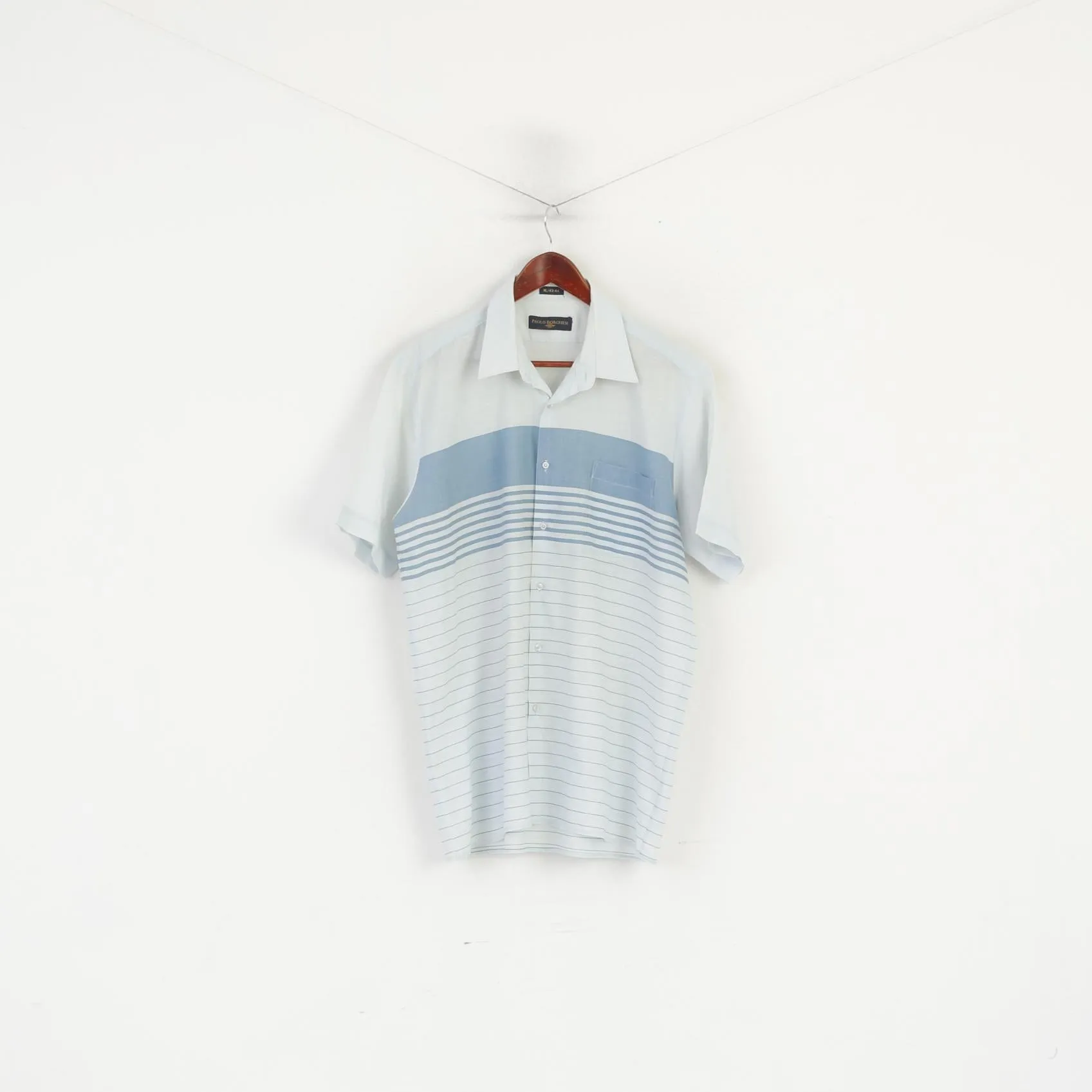 Paolo Borghesi Men XL Casual Shirt Blue Vintage Cotton Striped Pocket Summer Top