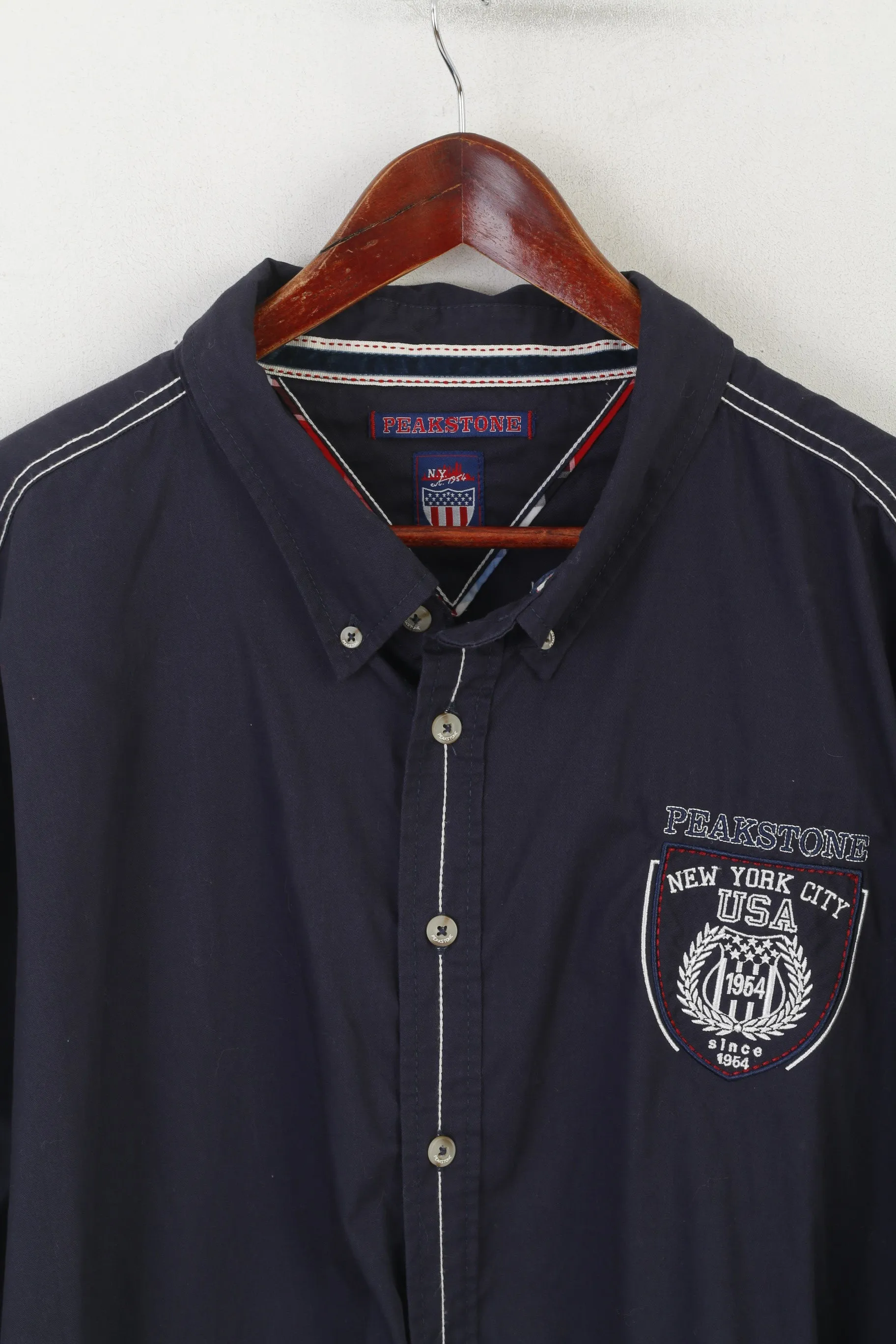 Peakstone Men 6XL Casual Shirt Navy Cotton New York City Emroidered Top