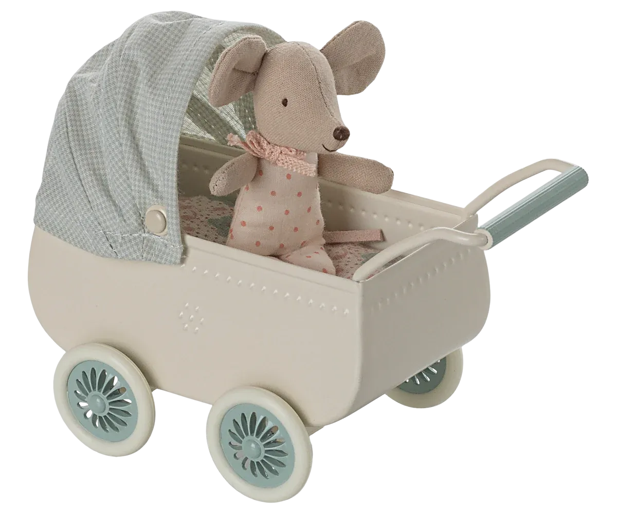 Pram with baby mouse - Mint