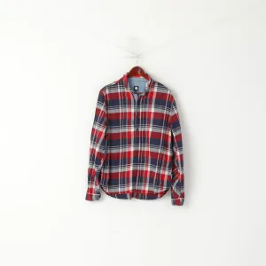 Pretty Green Men L Casual Shirt Red Check Pullover Cotton Long Sleeve Top