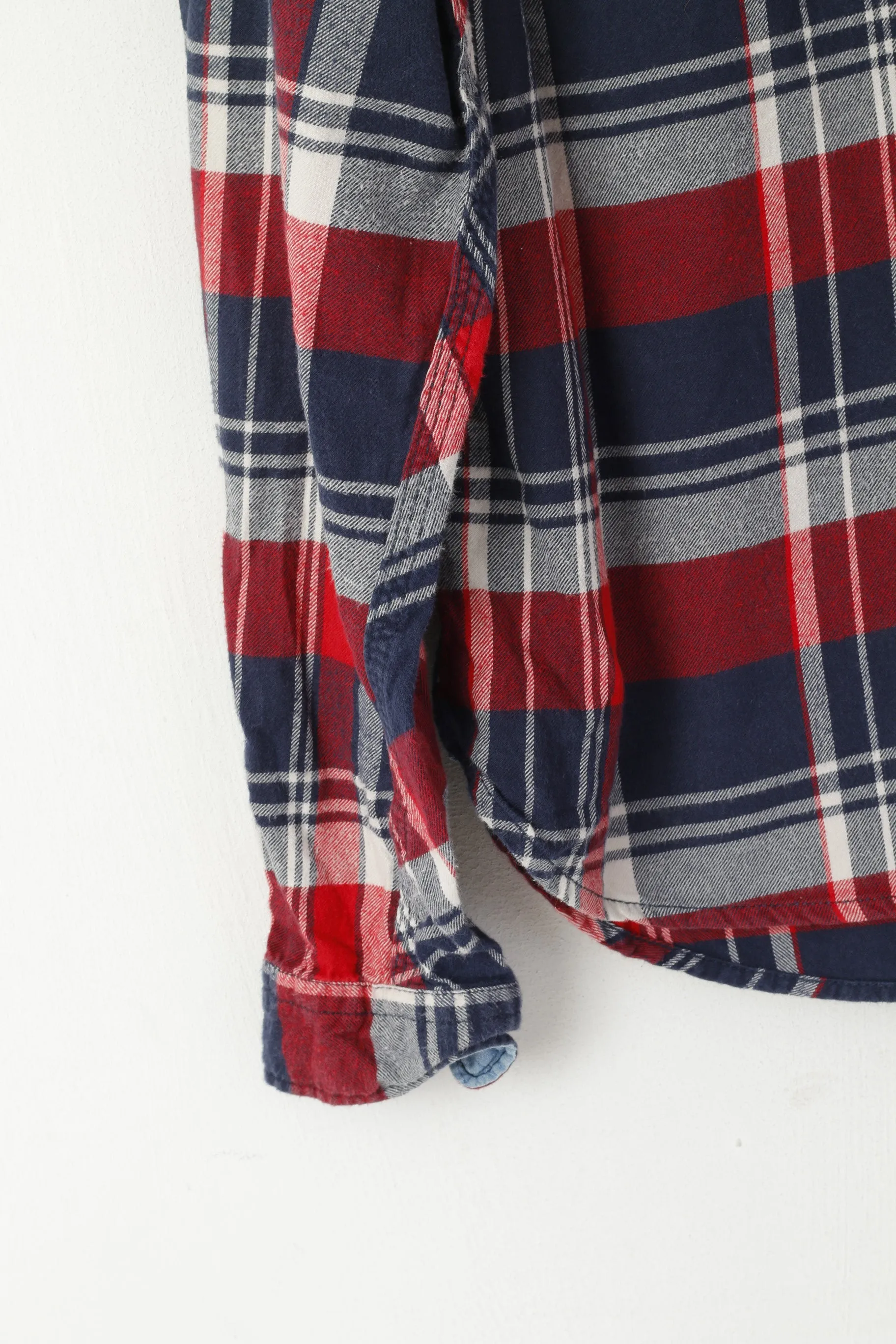 Pretty Green Men L Casual Shirt Red Check Pullover Cotton Long Sleeve Top
