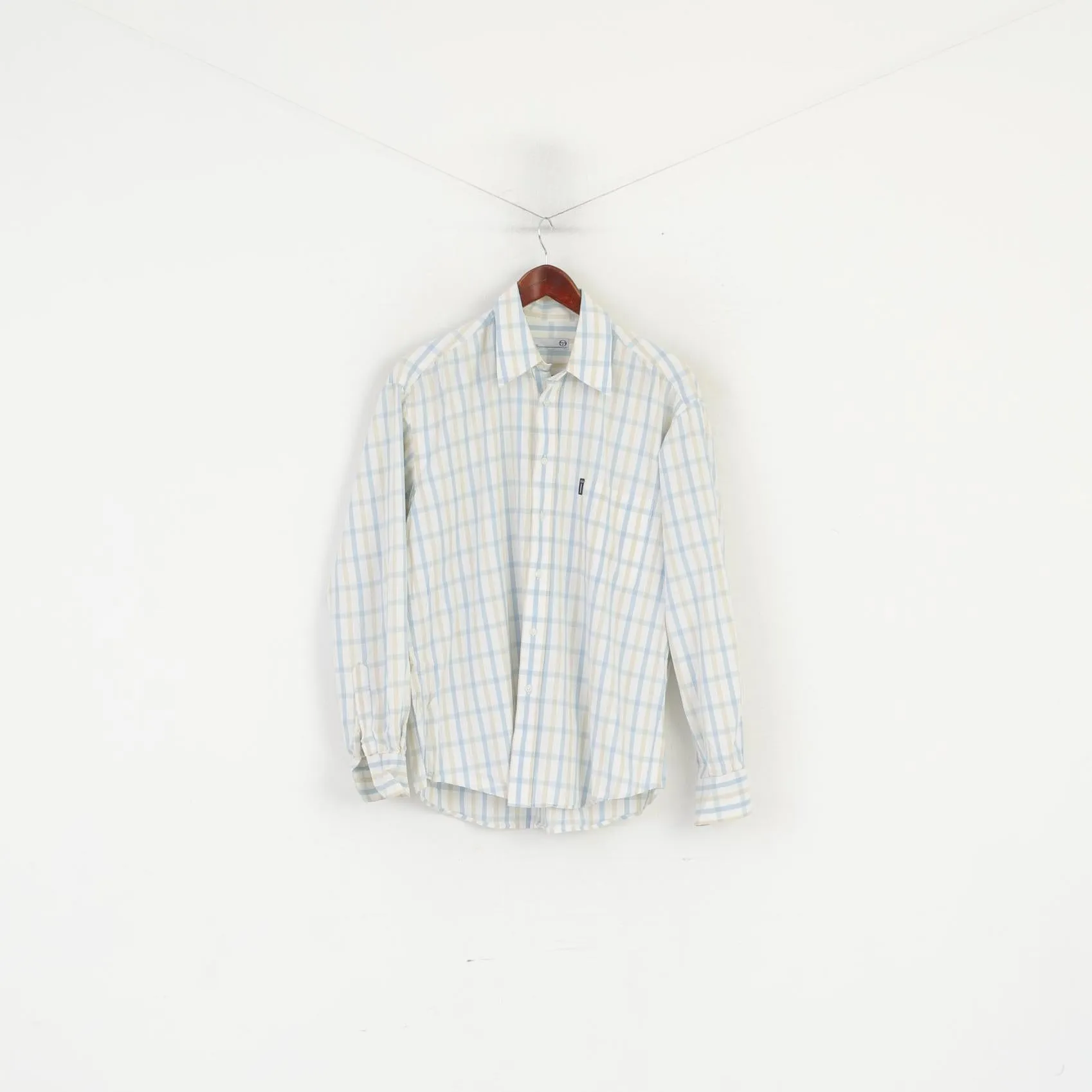 Sergio Tacchini Men L Casual Shirt Cream Cotton Check Milano Long Sleeve Top