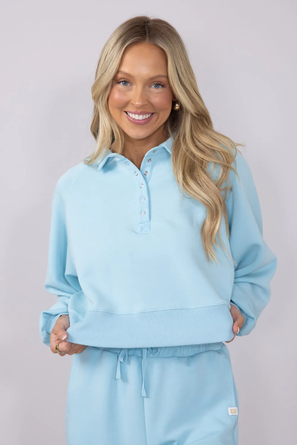 Simply Southern Gigi ¼ Snap Collar Modal Knit Pullover for Women in Ice Blue | PP-0125-PULL-GIGI-ICE