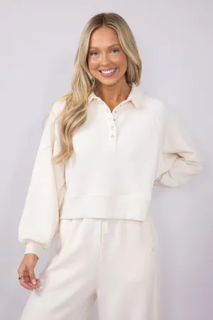 Simply Southern Gigi ¼ Snap Collar Modal Knit Pullover for Women in Off White | PP-0125-PULL-GIGI-OFFWHITE