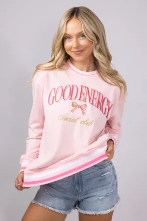 Simply Southern Good Energy Social Club Varsity Sweatshirt for Women in Pink | PP-0125-CREW-VARSITY1-ENERGY
