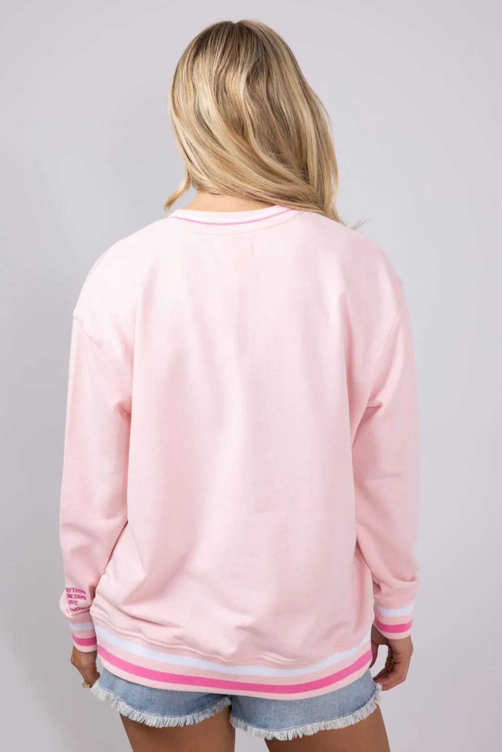Simply Southern Good Energy Social Club Varsity Sweatshirt for Women in Pink | PP-0125-CREW-VARSITY1-ENERGY