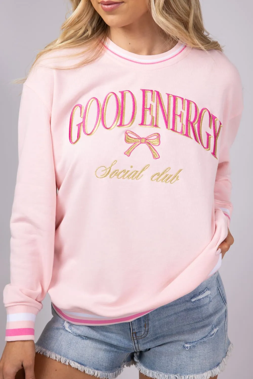 Simply Southern Good Energy Social Club Varsity Sweatshirt for Women in Pink | PP-0125-CREW-VARSITY1-ENERGY