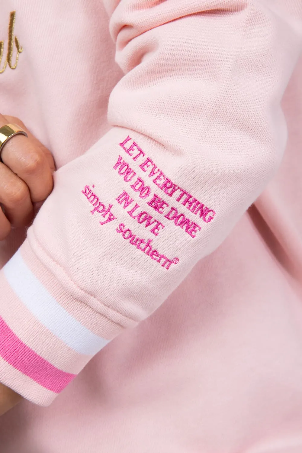 Simply Southern Good Energy Social Club Varsity Sweatshirt for Women in Pink | PP-0125-CREW-VARSITY1-ENERGY