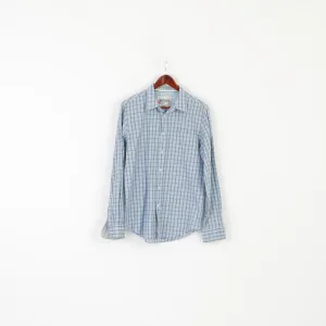 Superbadshirt Men M Casual Shirt Blue Vintage Checkered Cotton Long Sleeve Top