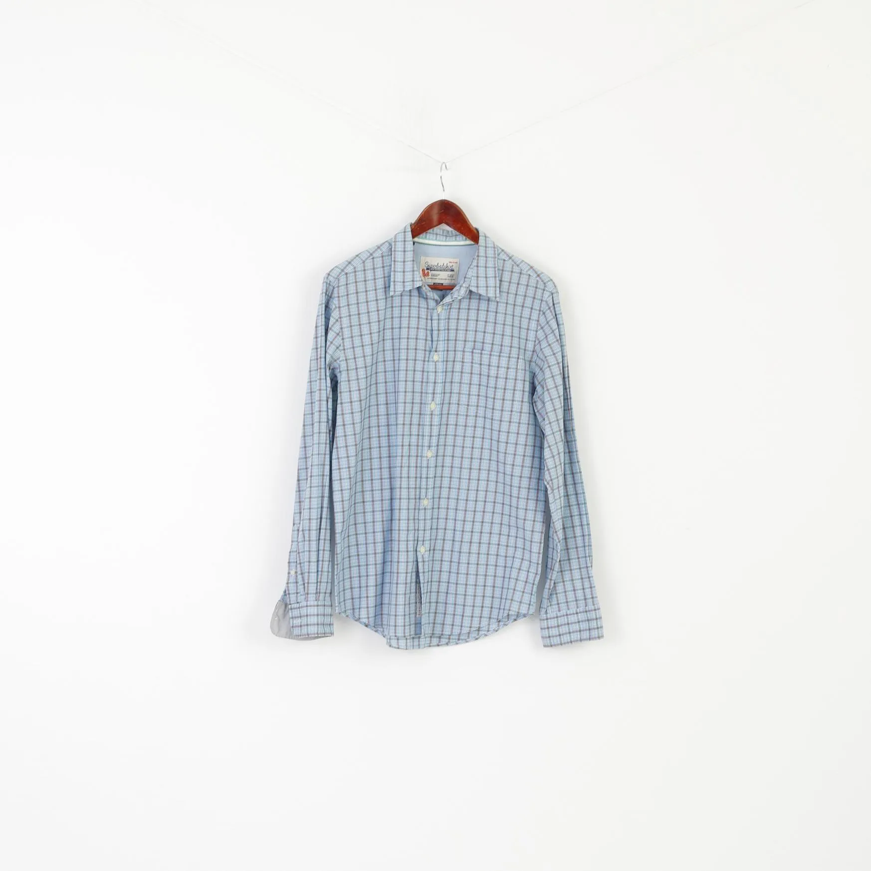 Superbadshirt Men M Casual Shirt Blue Vintage Checkered Cotton Long Sleeve Top