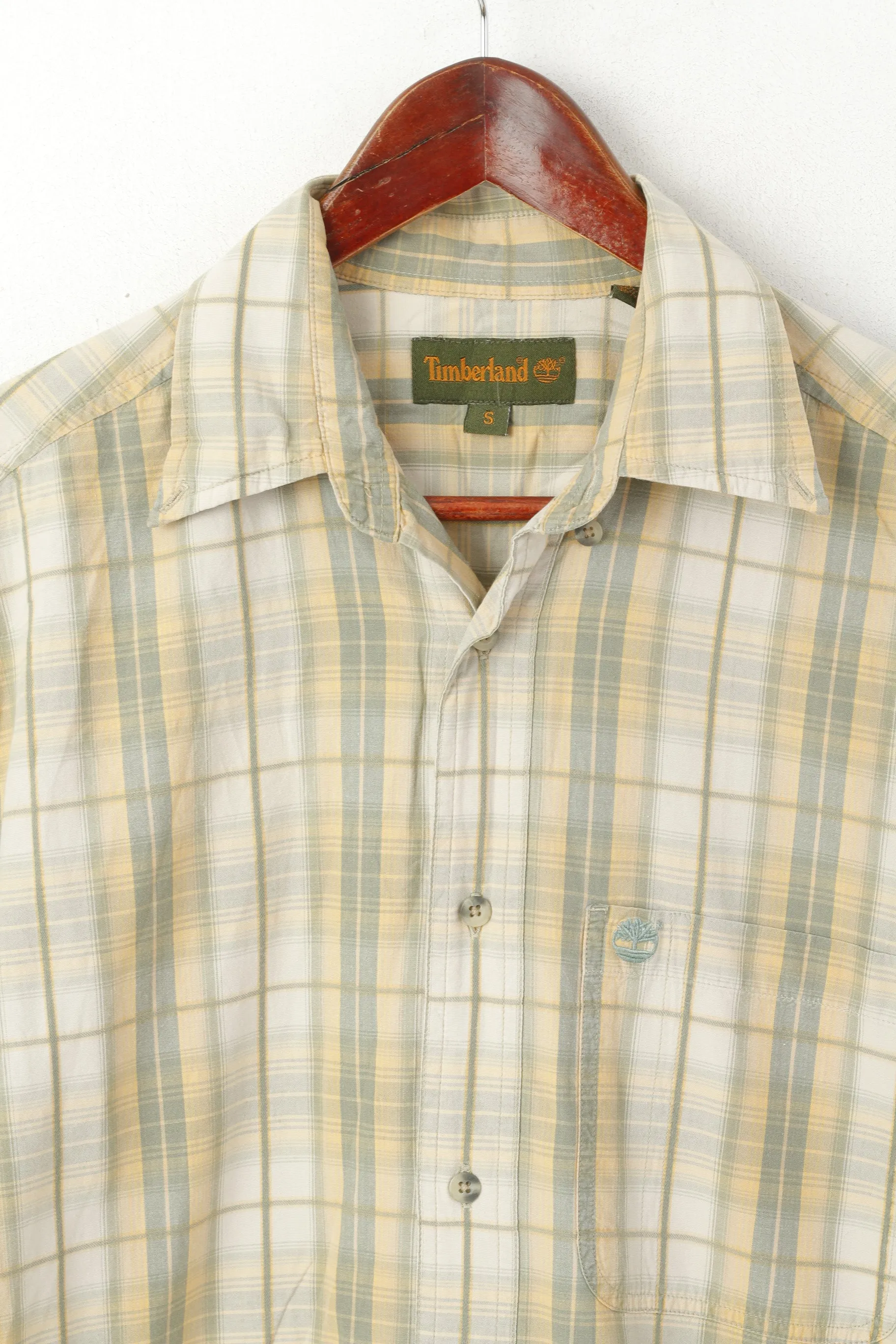 Timberland Men S Casual Shirt Green Check Cotton Vintage Short Sleeve Top