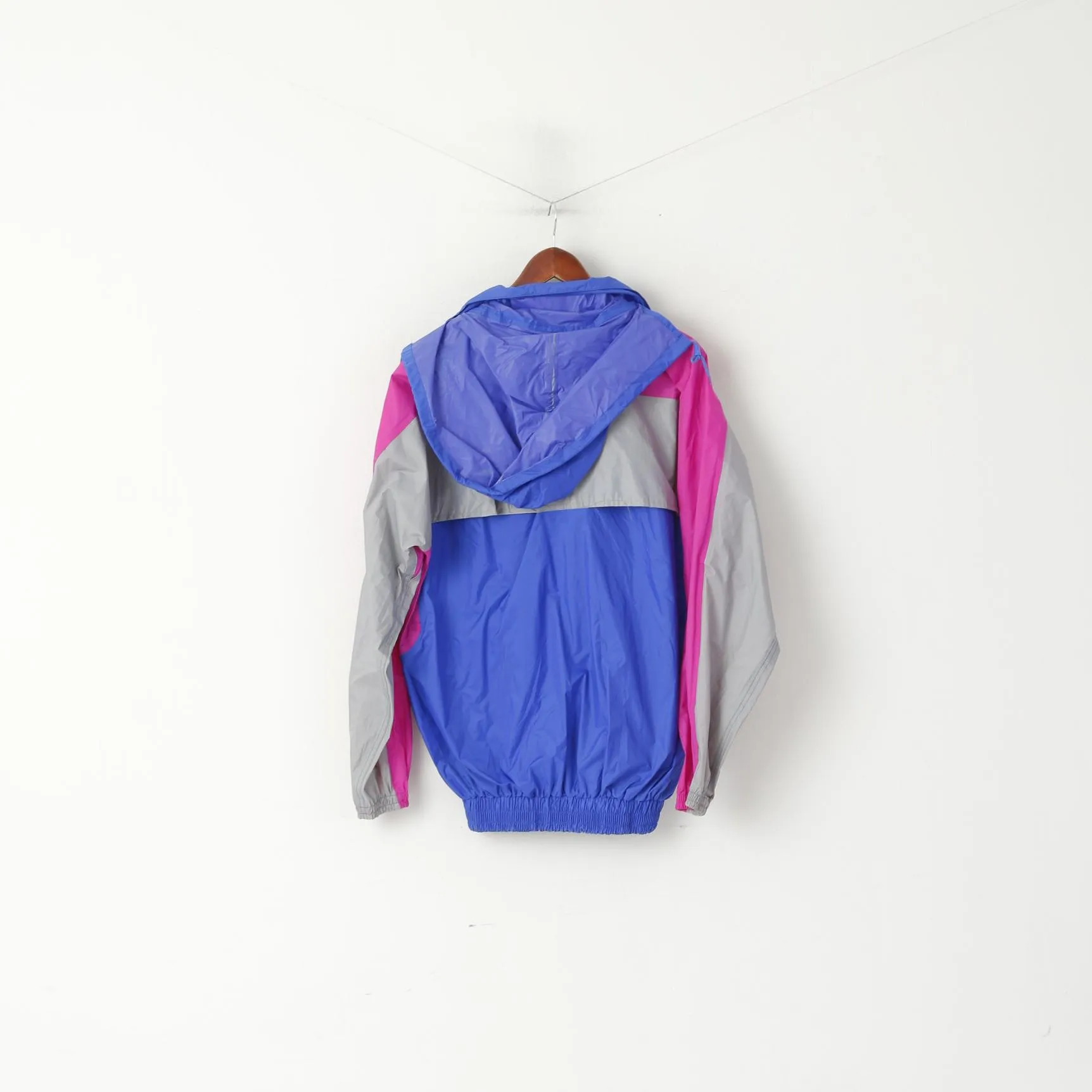 Vintage Men L Jacket Blue Nylon Hooded Lightweight Rainproof Full Zipper Top